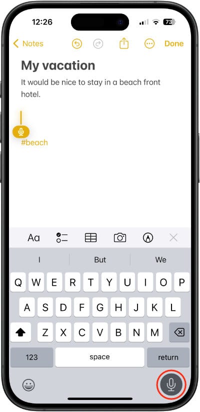 Edit a note using dictation by tapping on the microphone