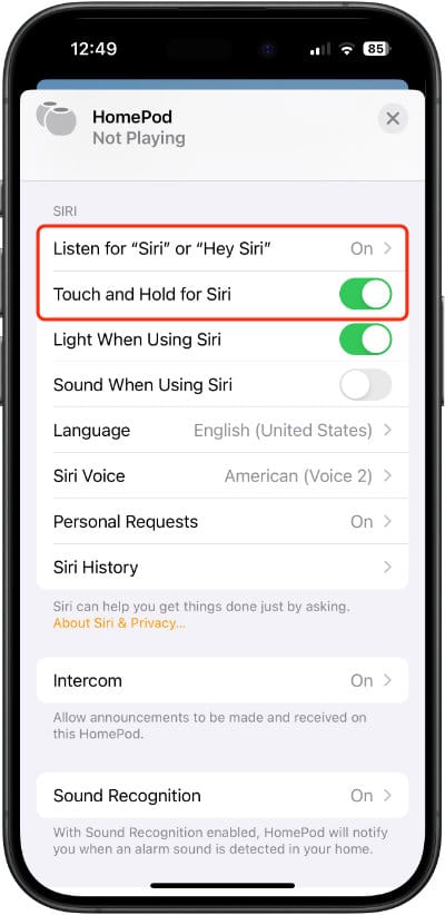 Siri settings on the HomePod