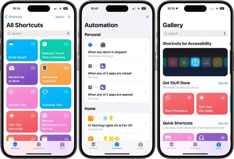 The Shortcuts, Automation and Gallery tabs