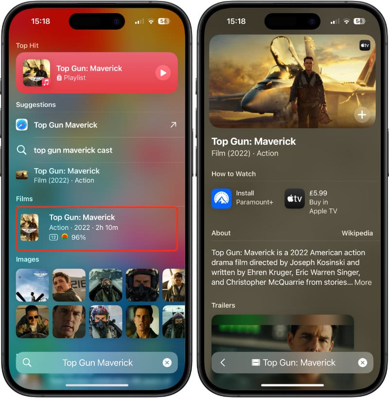Siri Suggestions search results for Top Gun: Maverick